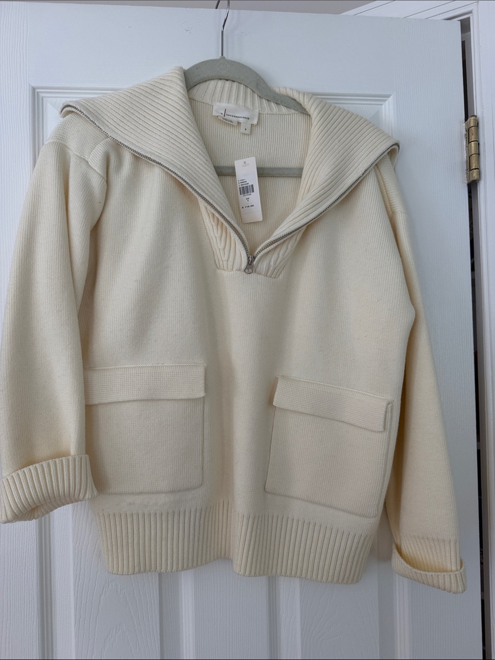 Anthropologie Cream Zip-Neck Sailor Collar Sweater